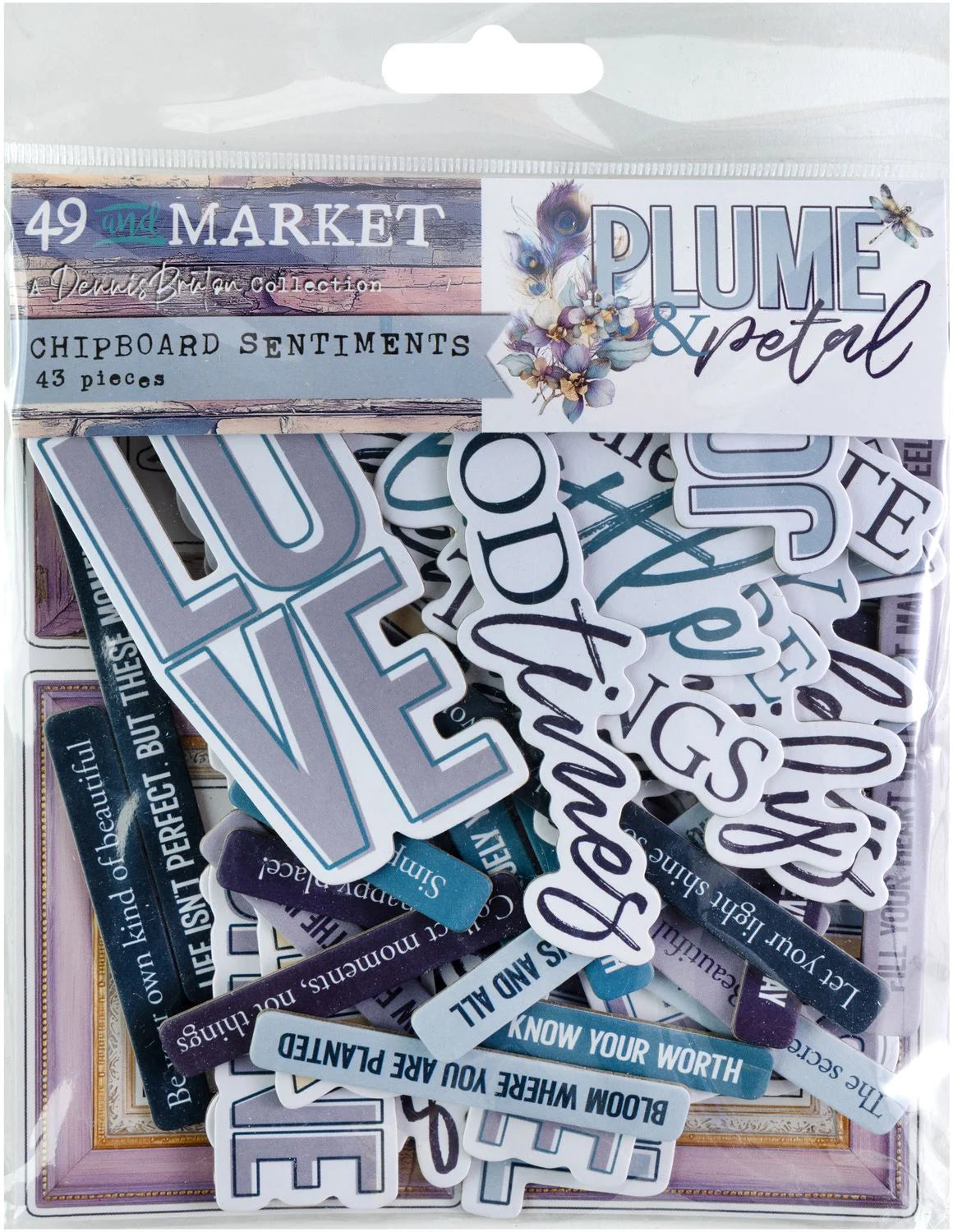 49 and Market PLUME &amp; PETAL Chipboard Sentiments 43pc