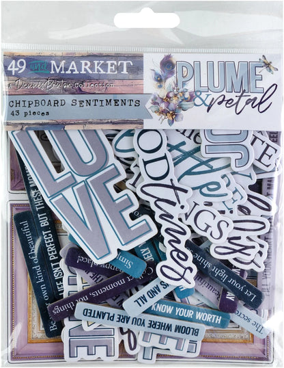 49 and Market PLUME &amp; PETAL Chipboard Sentiments 43pc