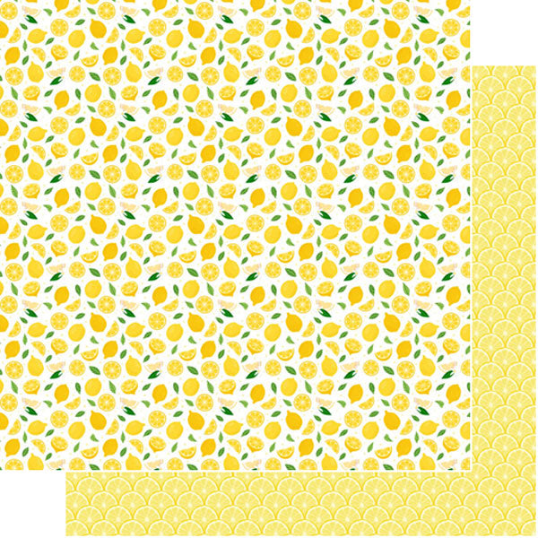 Patterned paper with yellow lemons and green leaves on a white background