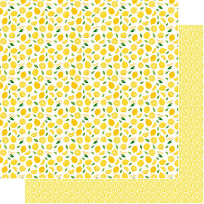 Patterned paper with yellow lemons and green leaves on a white background