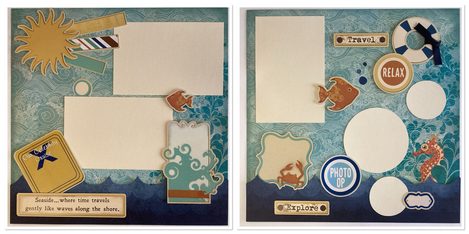 Premade SEASIDE EXPLORE (2) 12”X12” Scrapbook Pages