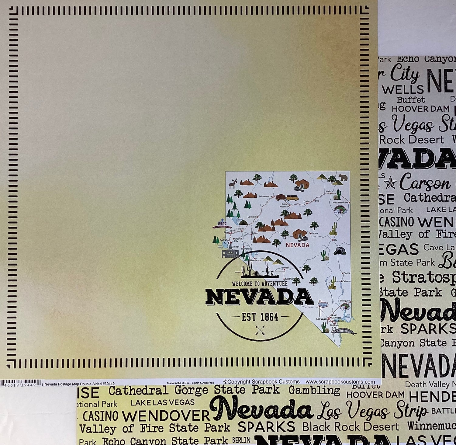 NEVADA POSTAGE MAP Double Sided 12&quot;X12&quot; Scrapbook Travel Paper