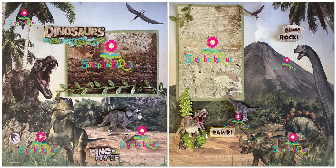 Premade DINOSAURS (2) 12”X12” Scrapbook Pages