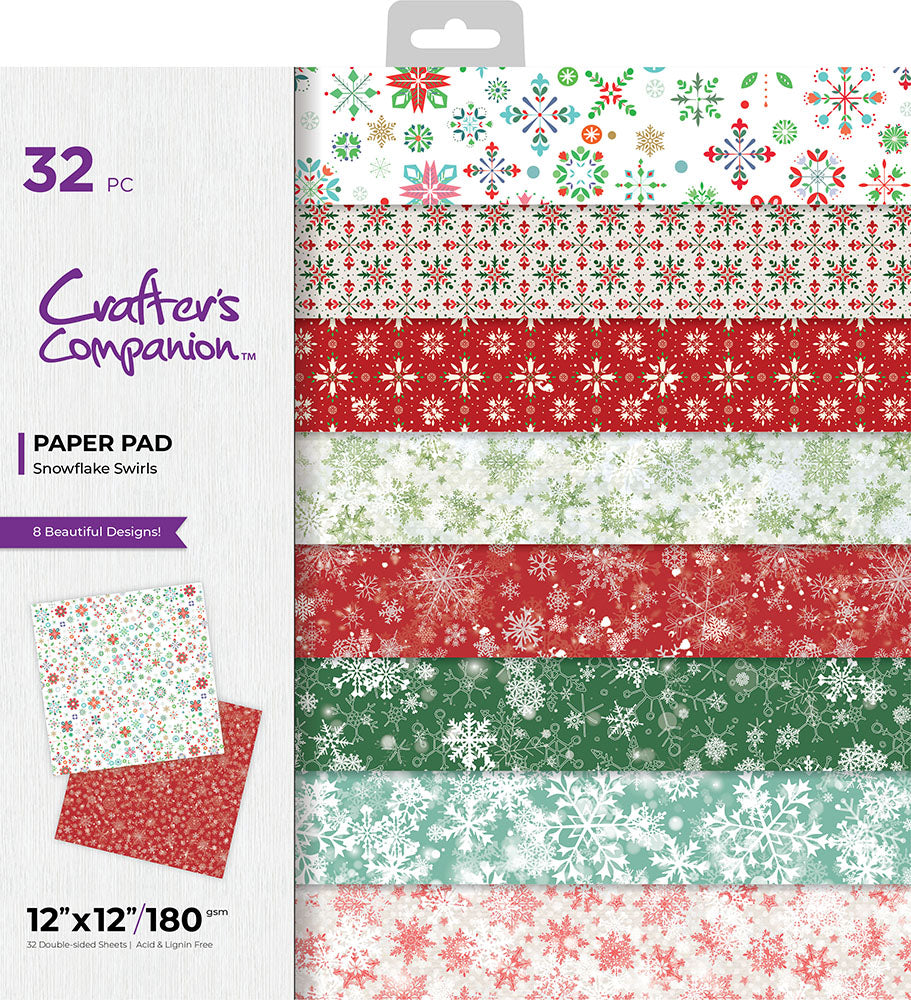 Crafters Companion SNOWFLAKE SWIRLS 12X12 Paper Pad 32pc