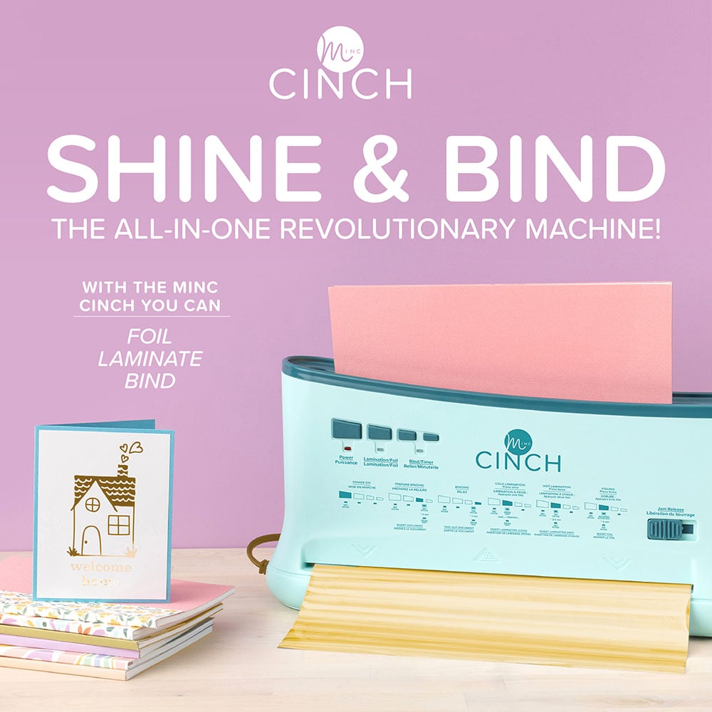 Cinch Shine &amp; Bind machine with a pink card and foil on a purple background