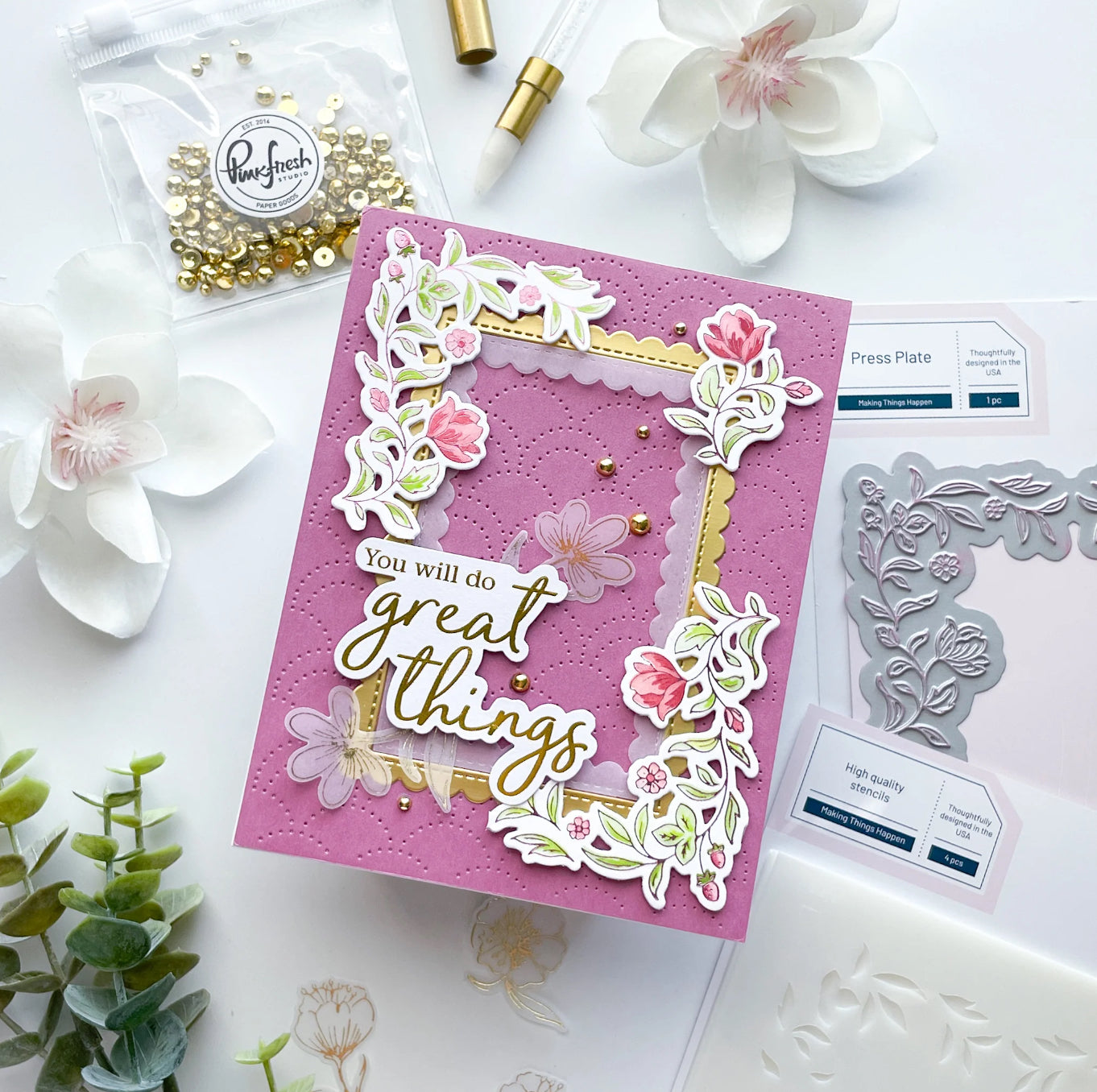 Pinkfresh Studio MAKING THINGS HAPPEN Stamp Stencel &amp; Die Set 9pc