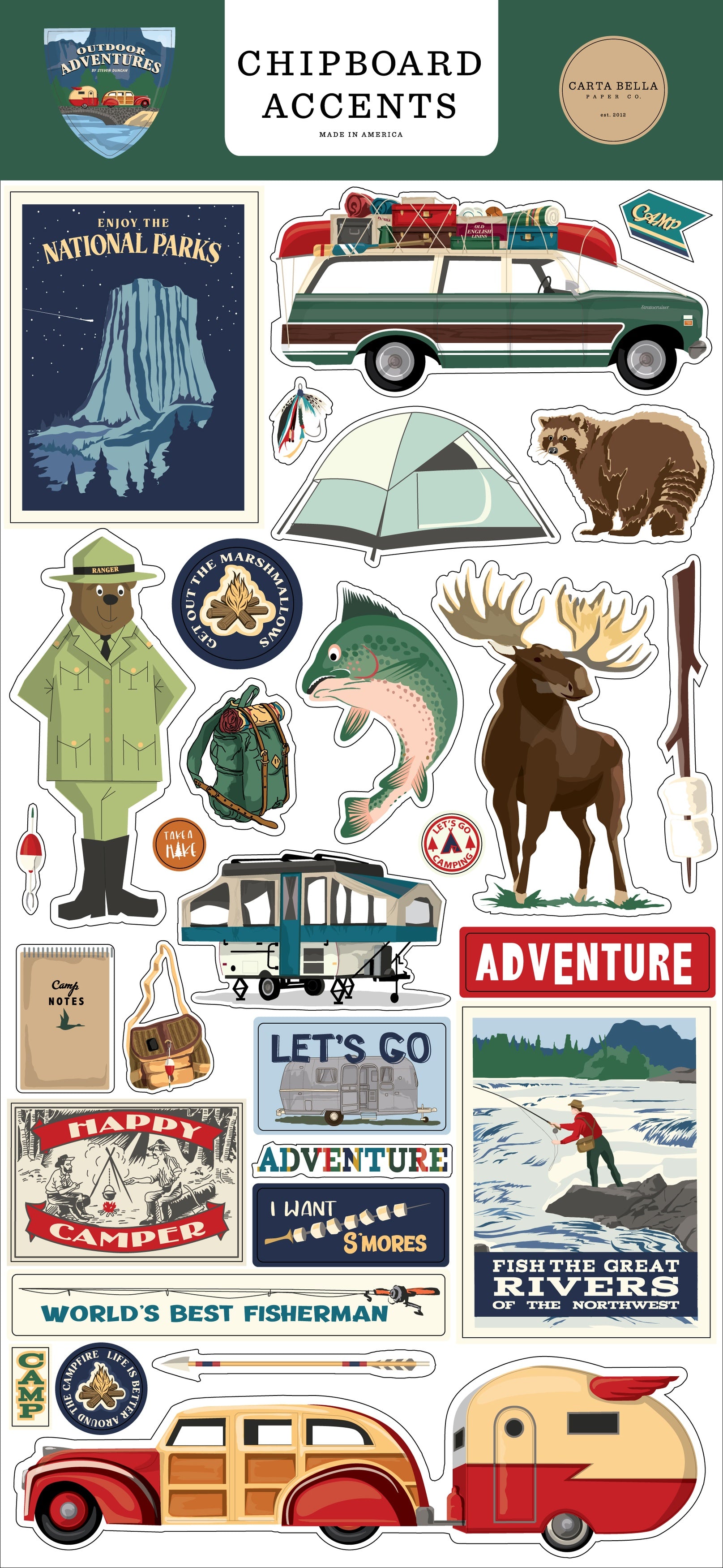 Carta Bella OUTDOOR ADVENTURES Chipboard Accents 29pc 6”X12”