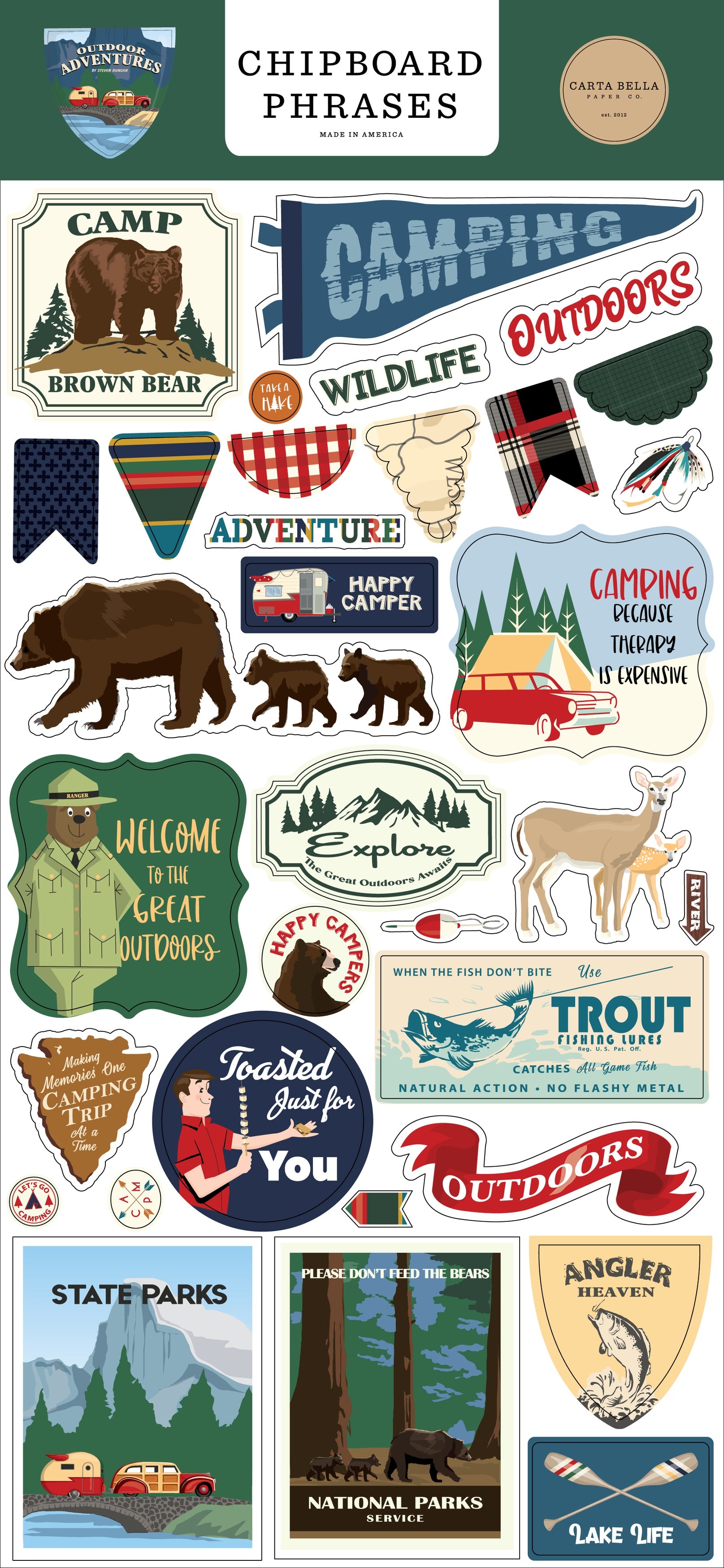 Carta Bella OUTDOOR ADVENTURES Chipboard Phrases 33pc 6”X12”