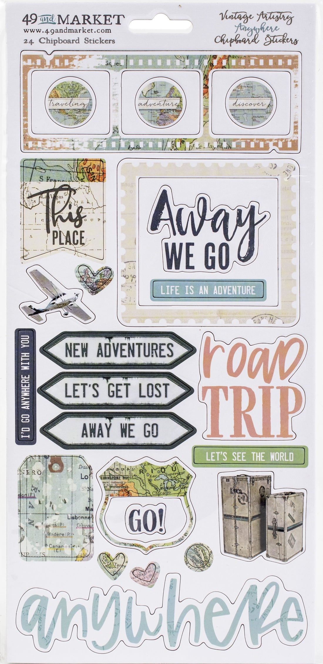 49 and Market Vintage Artistry ANYWHERE Chipboard Stickers 28pc