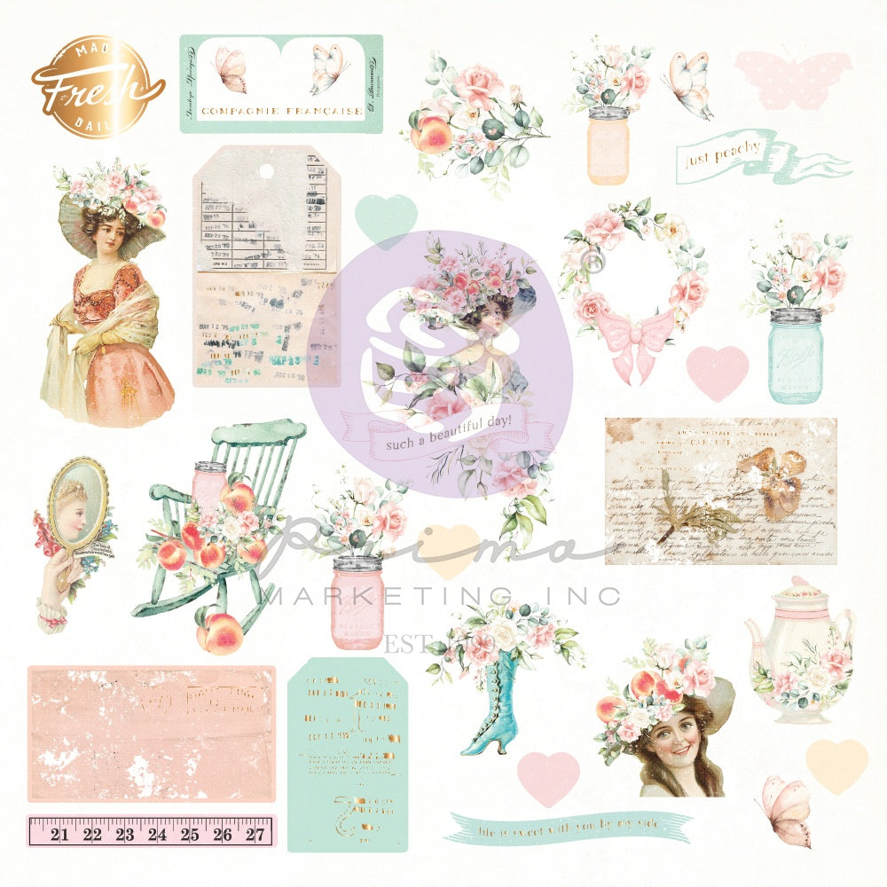 Prima PEACH TEA EPHEMERA Foil Diecuts 29pc