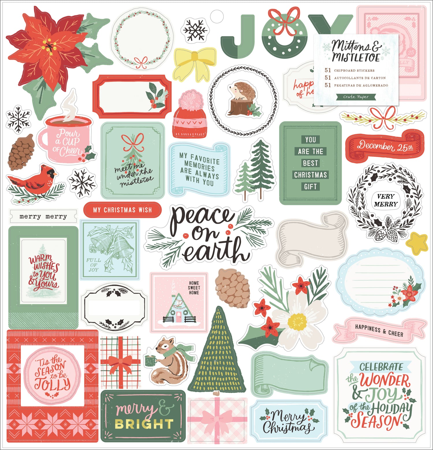 Crate Paper MITTENS &amp; MISTLETOE CHIPBOARD 12”X12” Stickers