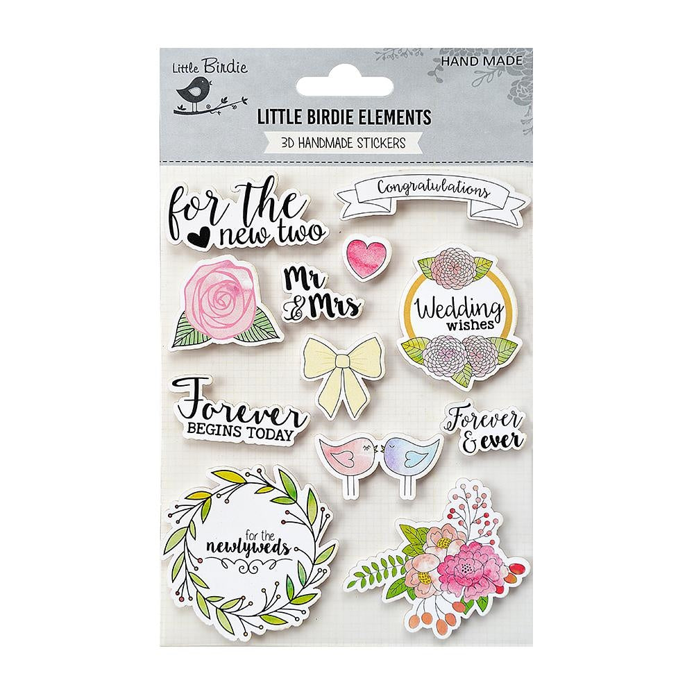 Little Birdie WATERCOLOR WEDDING Handmade Stickers Embellishments 12pc