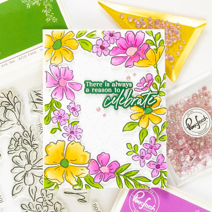 Pinkfresh Studio FLORAL BORDER Clear Stamp Stencel &amp; Die Set 18pc