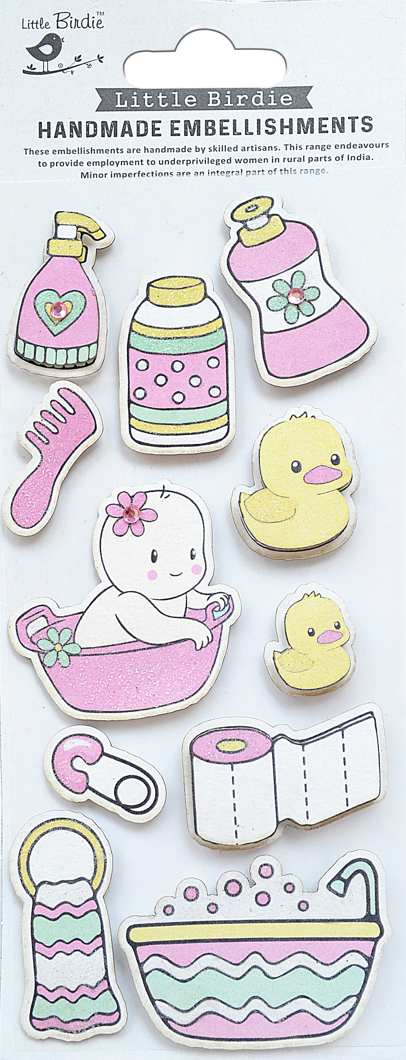 Little Birdie BATHTIME BABY Handmade Embellishments 11p