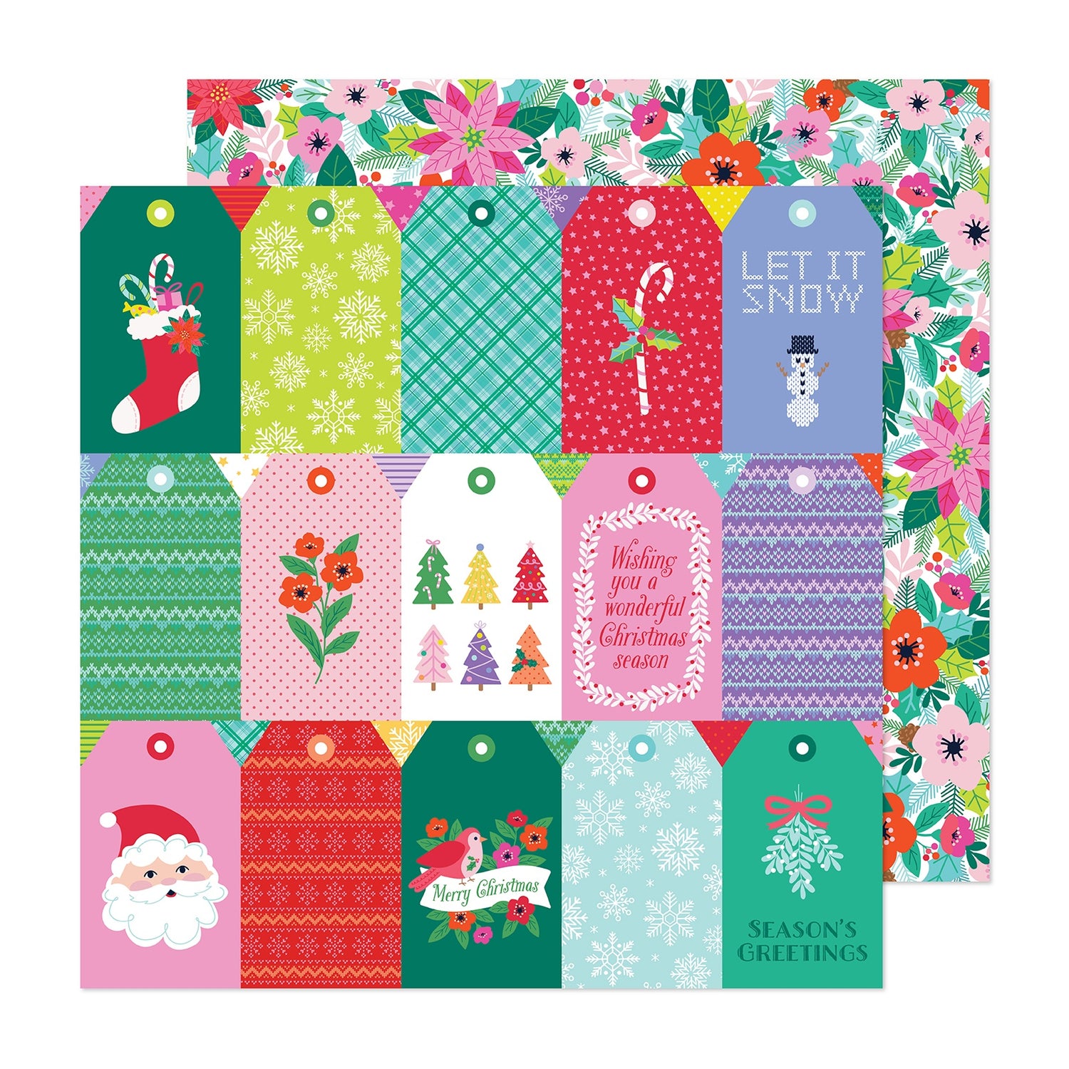Paige Evans SUGARPLUM WISHES Tags &amp; Poinsettas 12&quot;X12&quot; Scrapbook Paper