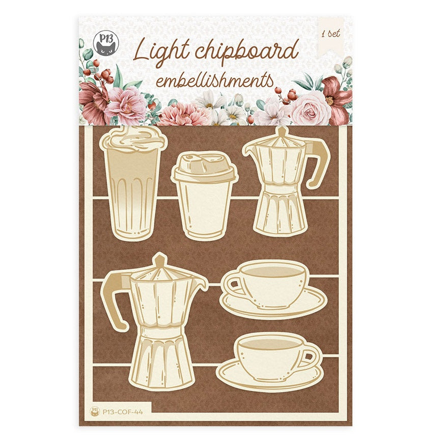 P13 Coffee Break CUPS & POTS Light Chipboard Embellishments Set44