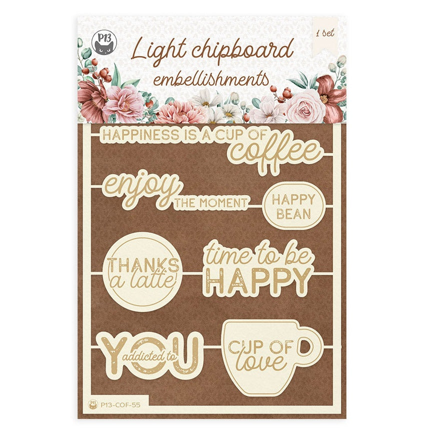 P13 Coffee Break SENTIMENTS Light Chipboard Embellishments Set55