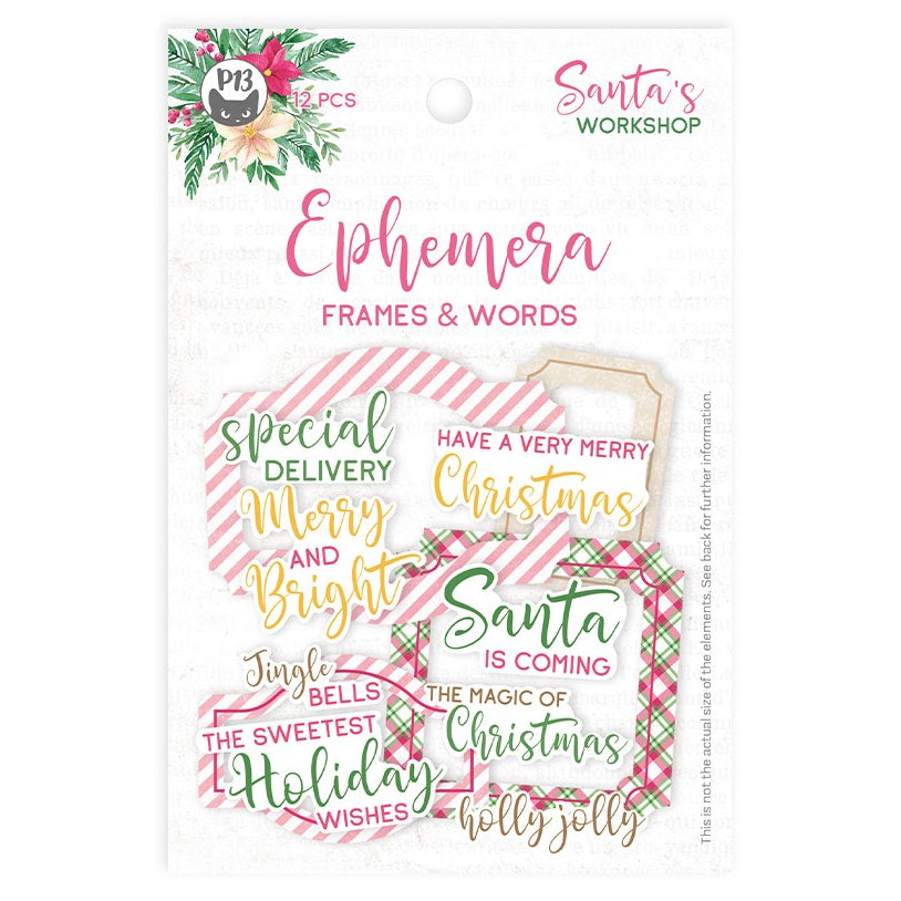 P13 SANTA’S WORKSHOP Ephemera Frames &amp; Words Christmas 12pc