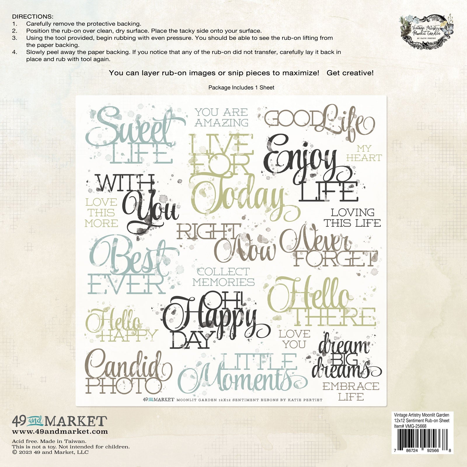 49 and Market 12X12 Vintage Artistry MOONLIT GARDEN SENTIMENT RUB-ON Transfer Sheet