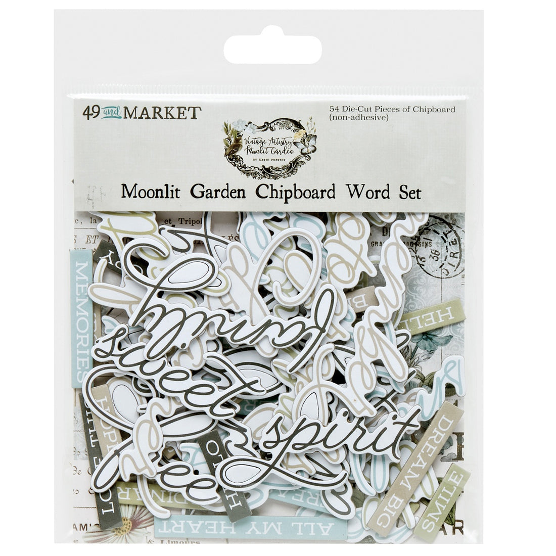 49 and Market Vintage Artistry Moonlit Garden CHIPBOARD WORD SET 54pc