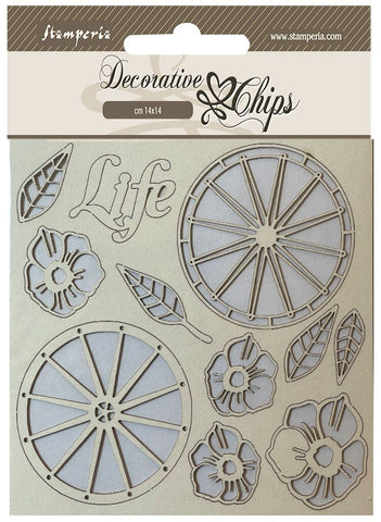 Stamperia Decorative Chips BLUE LAND LIFE WHEEL Chipboard 11pc
