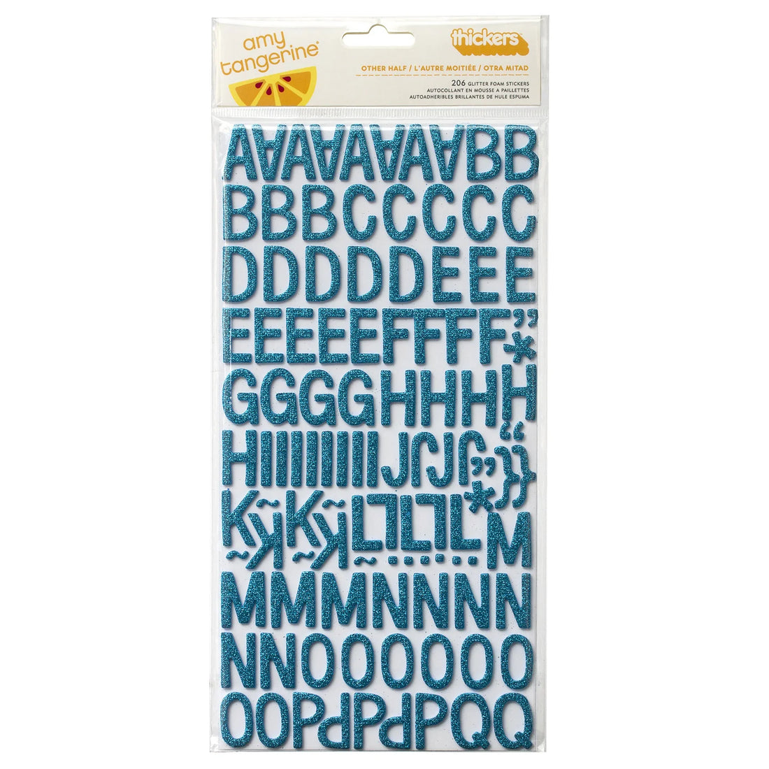 Pack of blue letter stickers with a white background