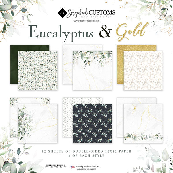 Scrapbook Customs EUCALYPTUS &amp; GOLD 12”X12” Paper Pack