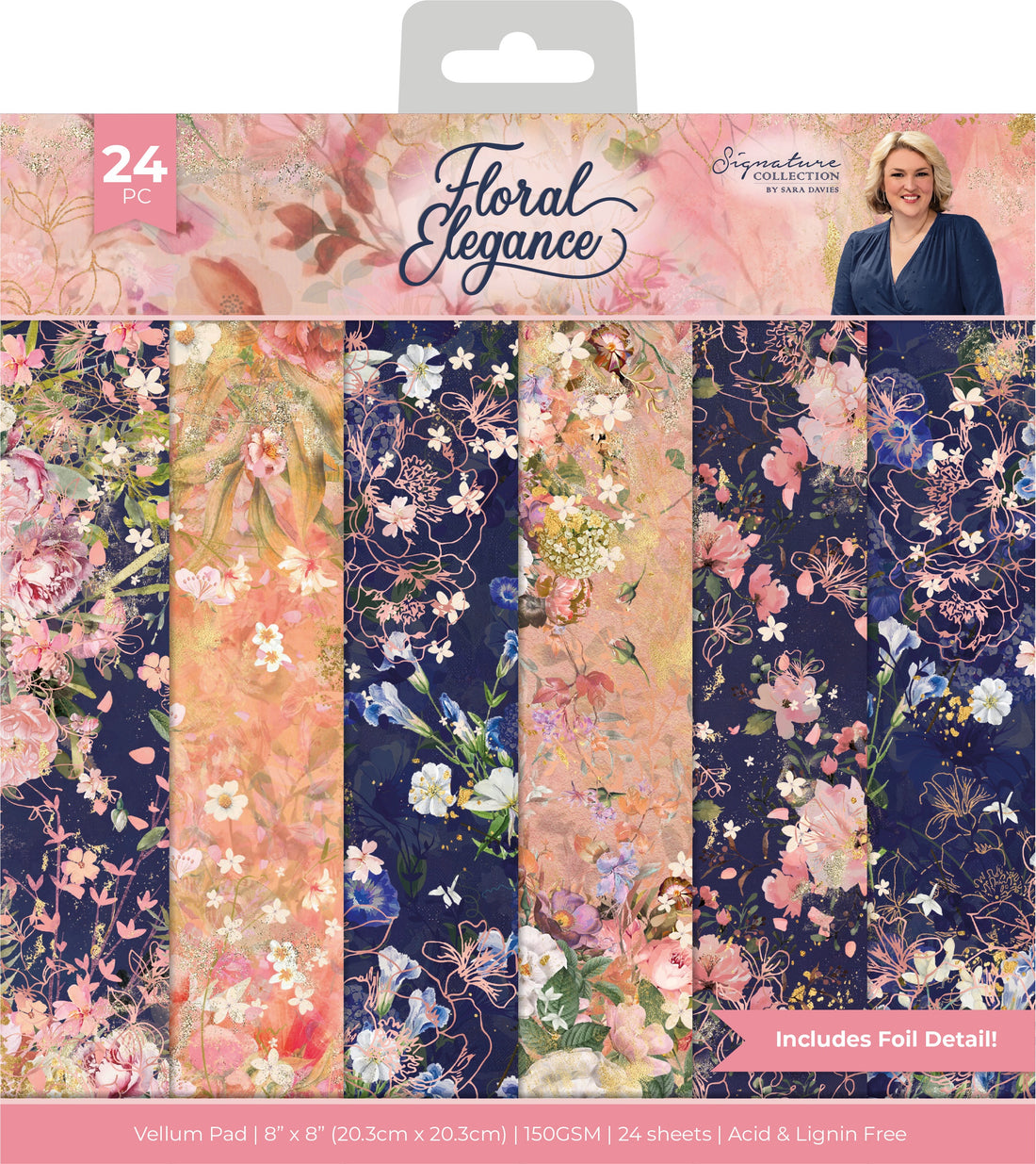 Crafters Companion FLORAL ELEGANCE Signature Collection 8X8" Vellum Pad 24 Sheets