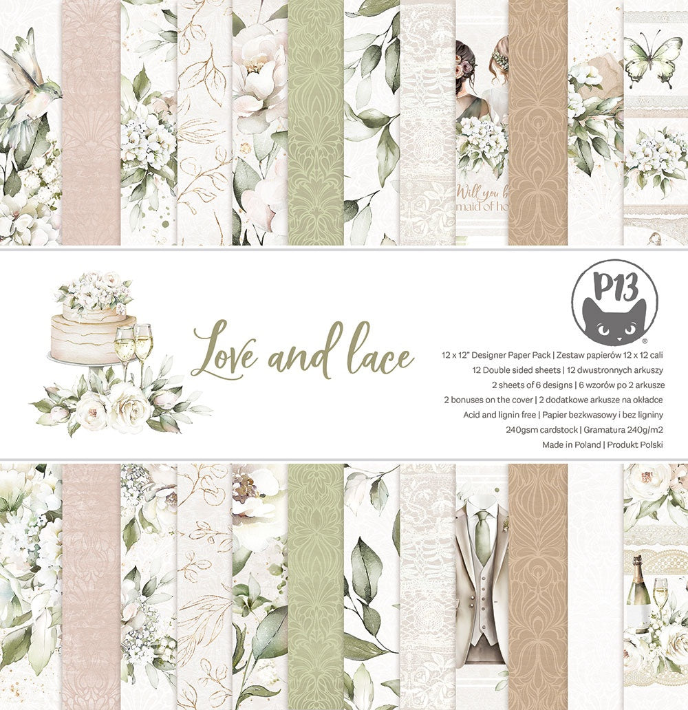 P13 LOVE AND LACE Wedding 12&quot;X12&quot; Designer Paper Pack 14pc