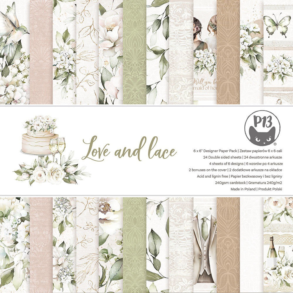 P13 LOVE AND LACE Wedding 6&quot;X6&quot; Designer Paper Pack 24pc