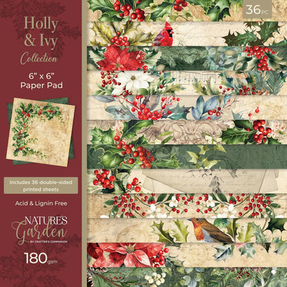 Crafters Companion HOLLY &amp; IVY Collection 6X6&quot; Paper Pad 36 Sheets