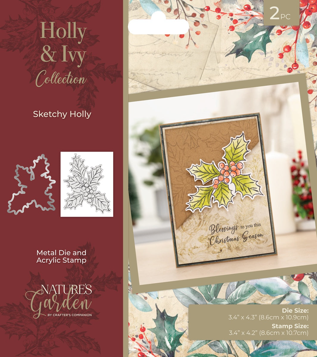 Crafters Companion Holly &amp; Ivy SKETCHY HOLLY Metal Die And Acrylic Stamp 2pc