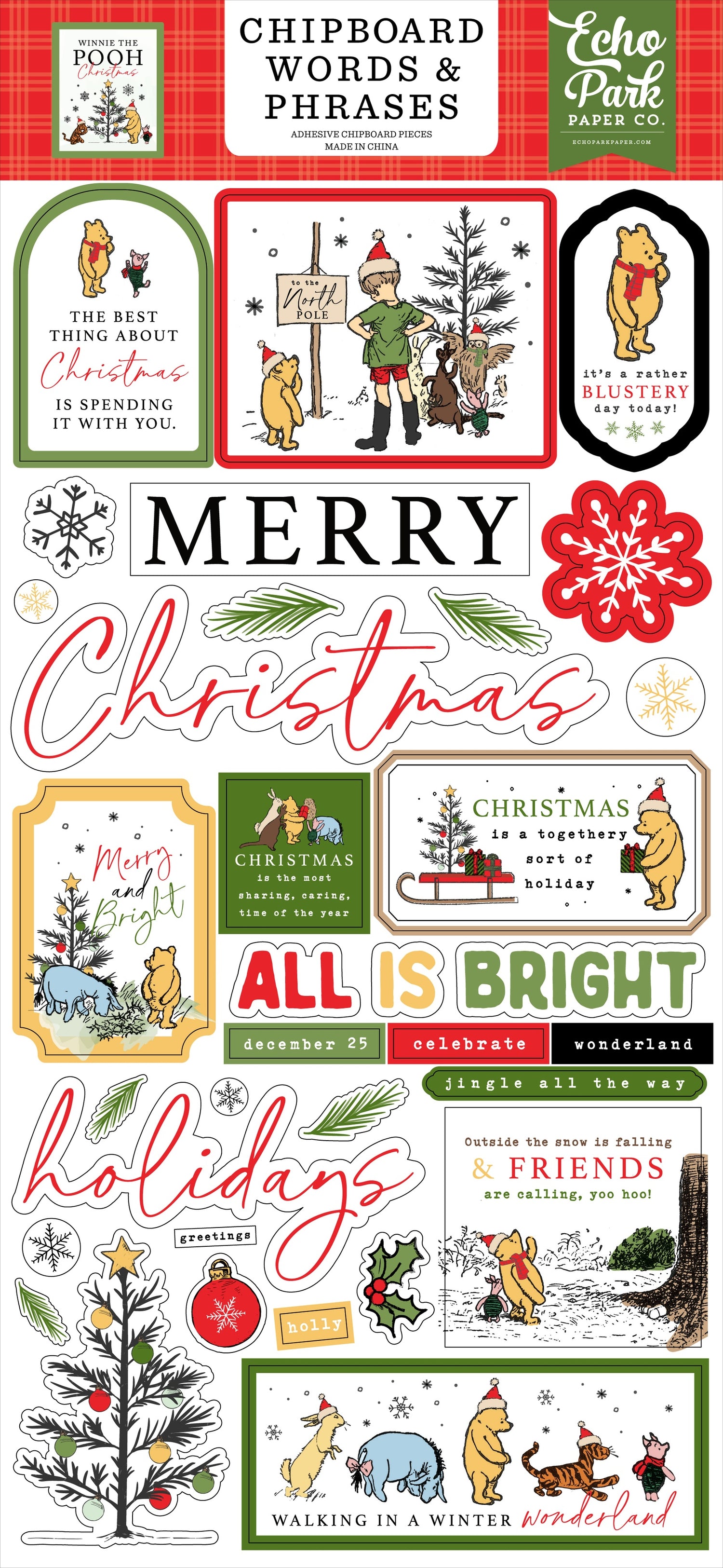 Echo Park WINNIE THE POOH CHRISTMAS Chipboard Words &amp; Phrases 34pc