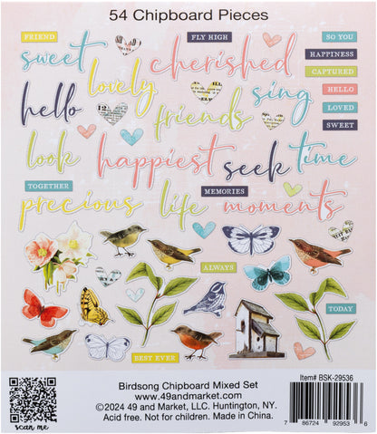 49 and Market BIRDSONG CHIPBOARD MIXED SET Embellishments 54pc