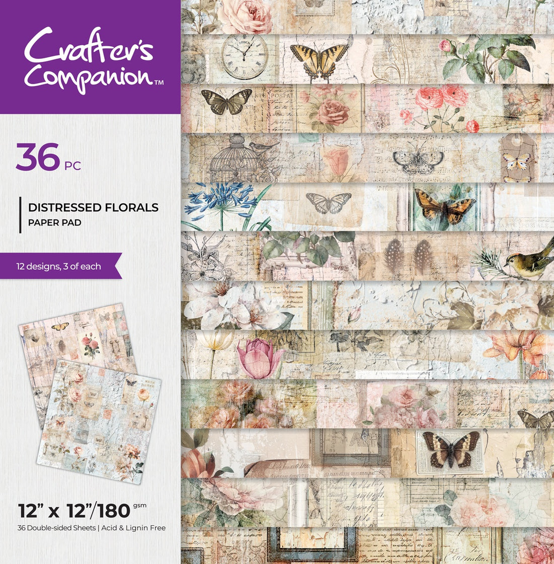 Crafter’s Companion DISTRESSED FLORALS 12”X12” Paper Pad 24 Sheets