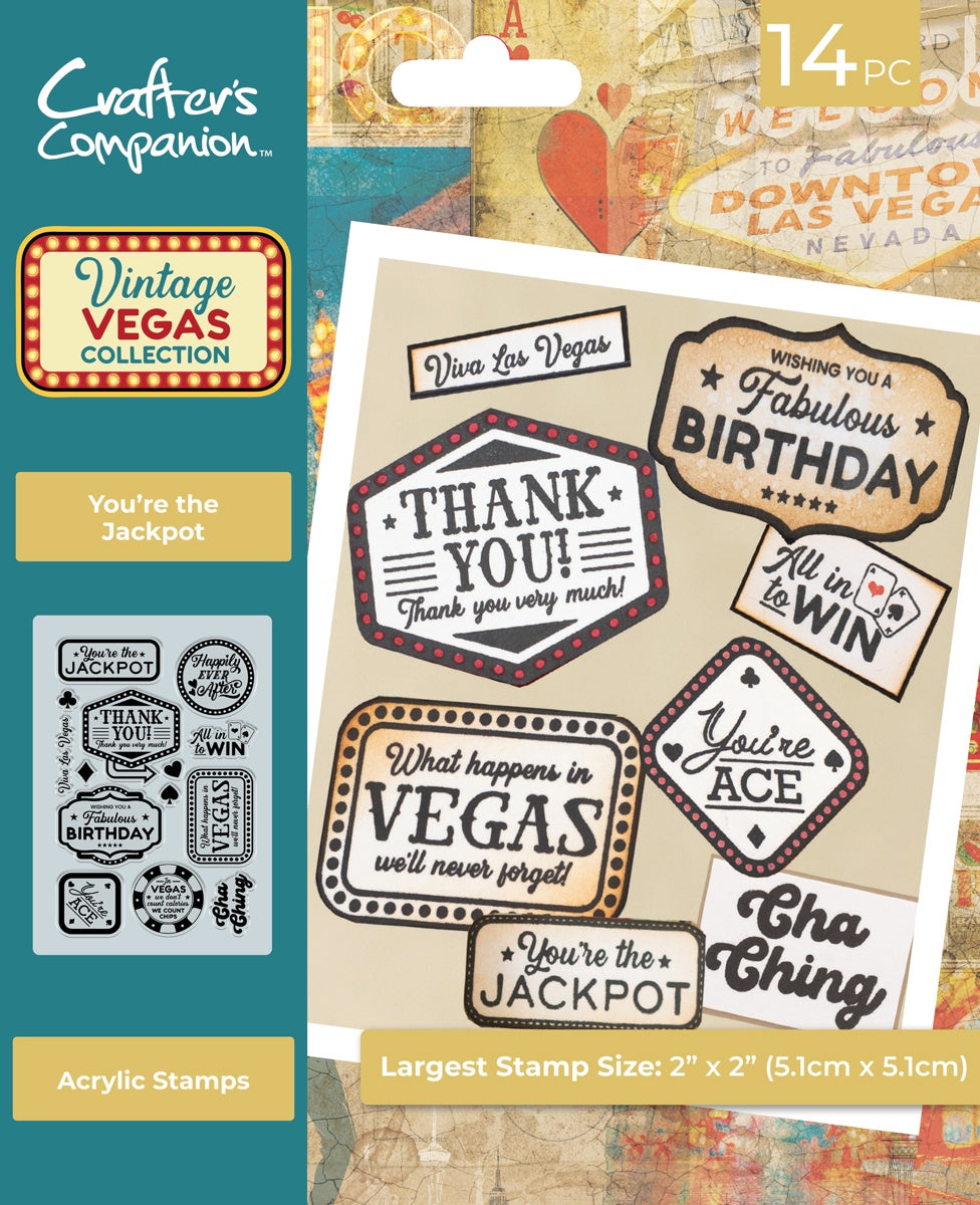 Crafter’s Companion Vintage Vegas YOU’RE THE JACKPOT Acrylic Stamps 14pc