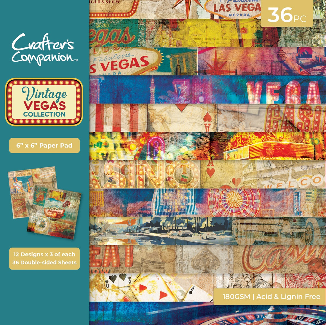 Crafter’s Companion VINTAGE VEGAS Collection 6X6 Paper Pad 36 Sheets