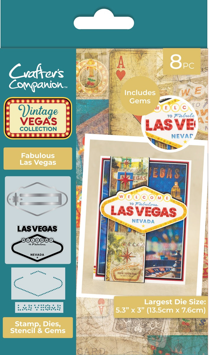 Crafter’s Companion Vintage Vegas FABULOUS LAS VEGAS Stamp, Dies, Stencil &amp; Gems 8pc