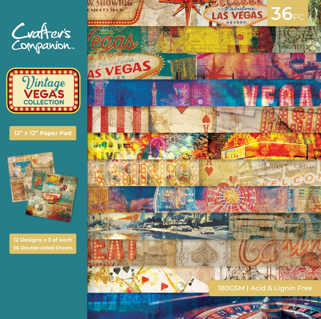 Crafter’s Companion VINTAGE VEGAS Collection 12X12 Paper Pad 36 Sheets