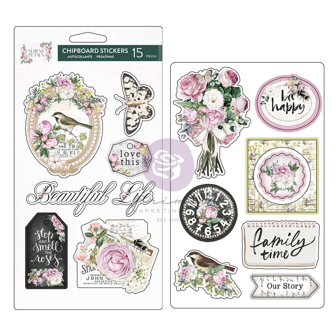 Prima SERENE PETALS CHIPBOARD STICKERS 2 Sheets 15pc