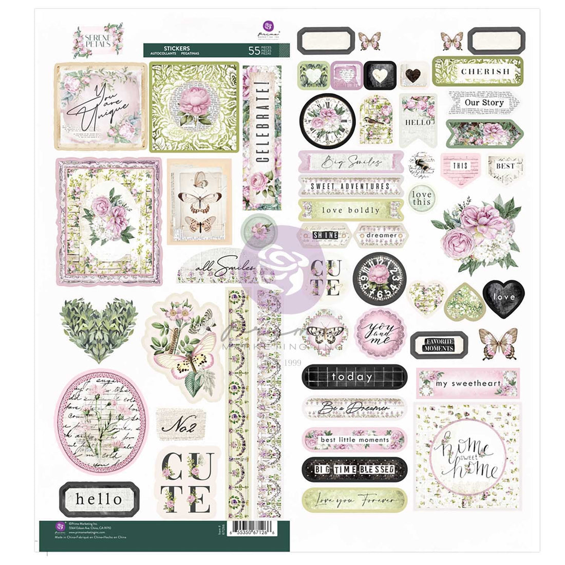Prima SERENE PETALS STICKERS 2 Sheets 55pc