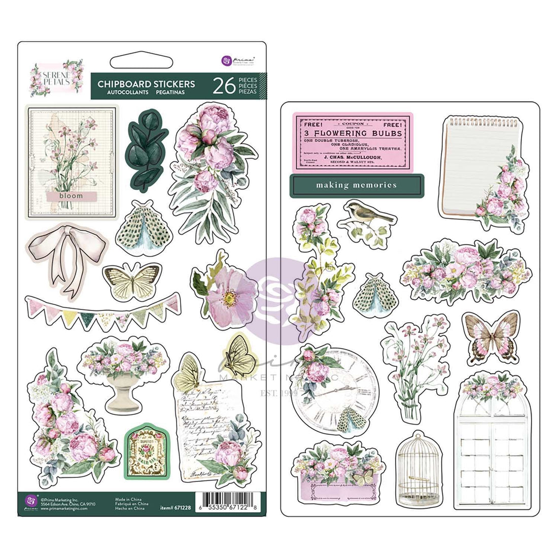 Prima SERENE PETALS CHIPBOARD STICKERS 2 Sheets 26pc