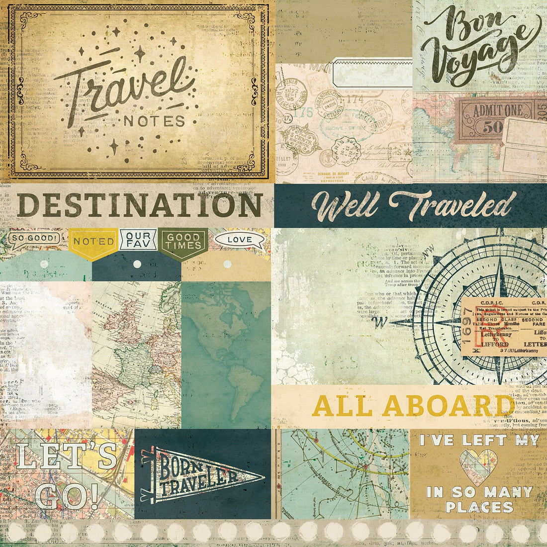 49 and Market Travel Diaries ALL ABOARD 12”X12” Scrapbook Paper