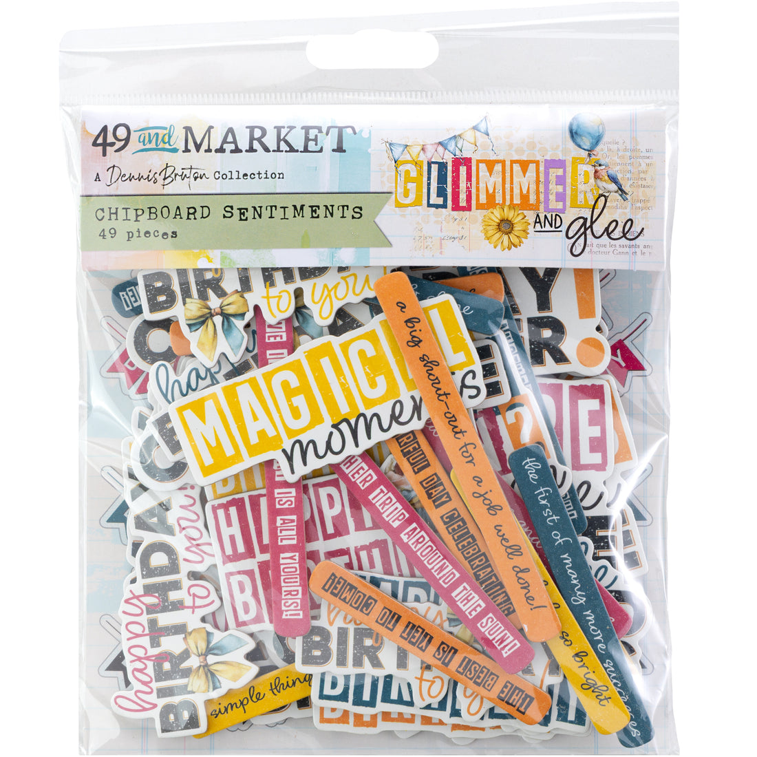 49 and Market GLIMMER AND GLEE Chipboard Sentiments 49pc