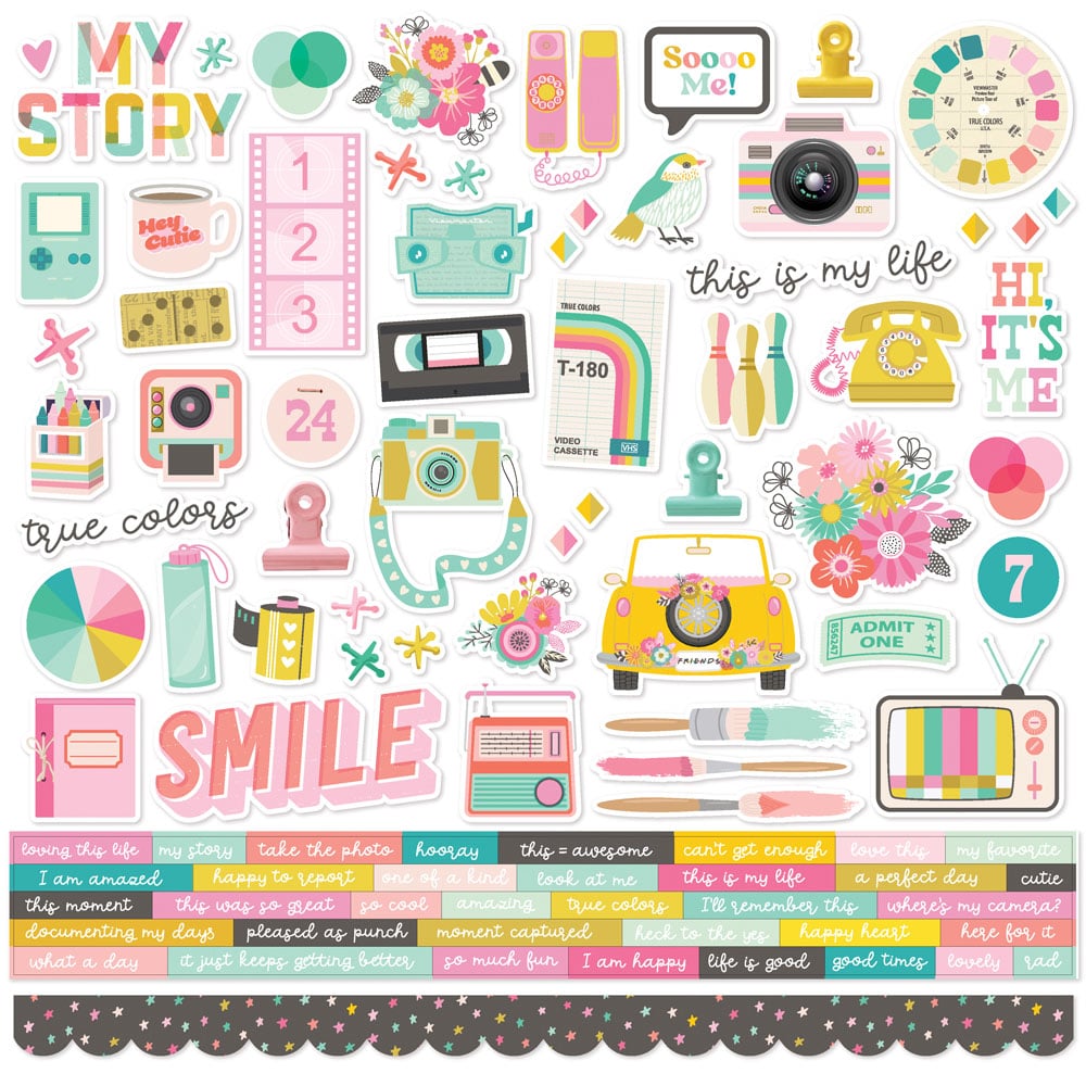 Collection of colorful stickers with various designs and text on a white background