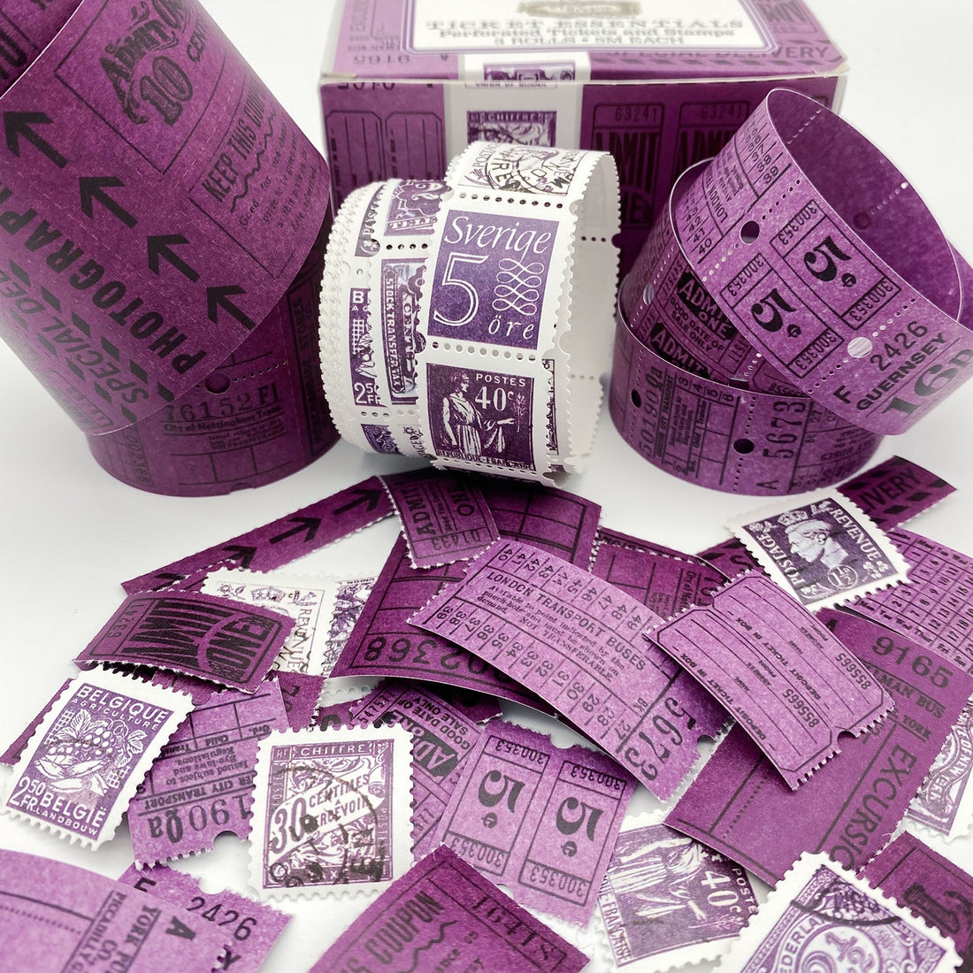 49 and Market Vintage Bits TICKET ESSENTIALS EGGPLANT Perforated Tickets & Stamps 3 Rolls @Scrapbooksrus