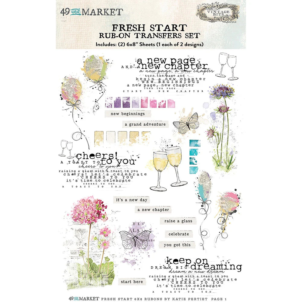 49 and Market Vintage Bits 6”X8” FRESH START RUB-ON Transfer Set