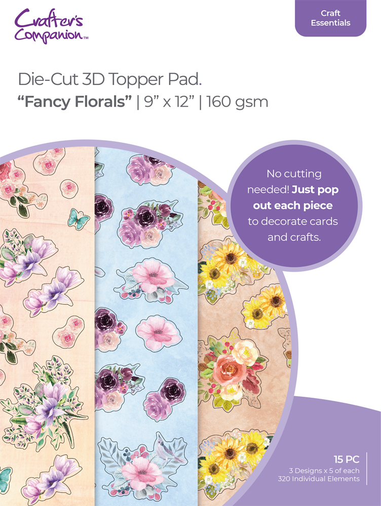 Crafters Companion FANCY FLORALS 9”X12” Die-Cut 3D Topper Pad
