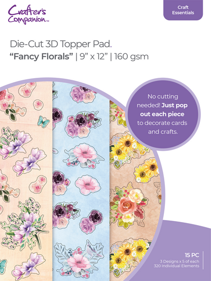 Crafters Companion FANCY FLORALS 9”X12” Die-Cut 3D Topper Pad
