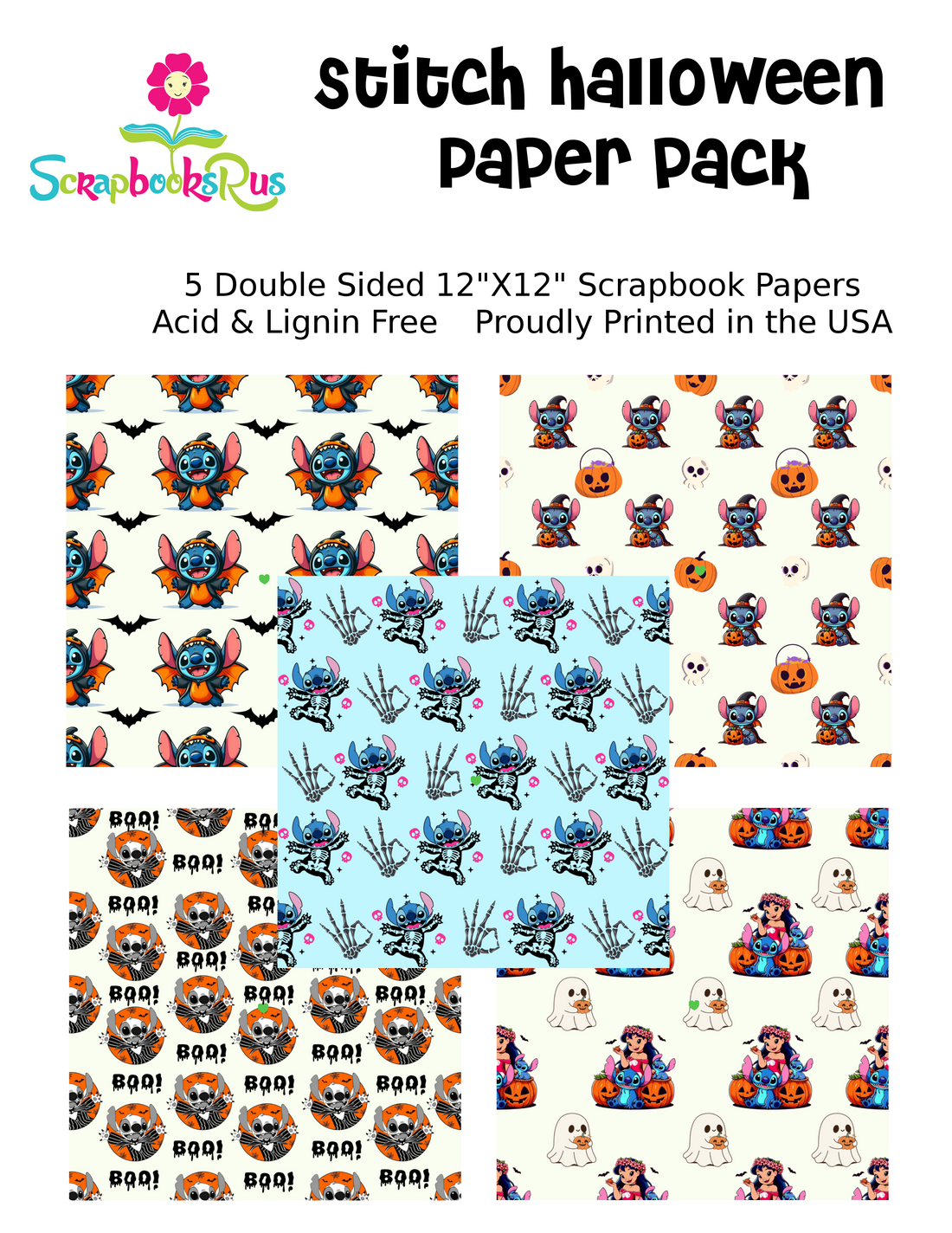 Scrapbooksrus STITCH HALLOWEEN 5pc 12"X12” Scrapbook Paper Pack